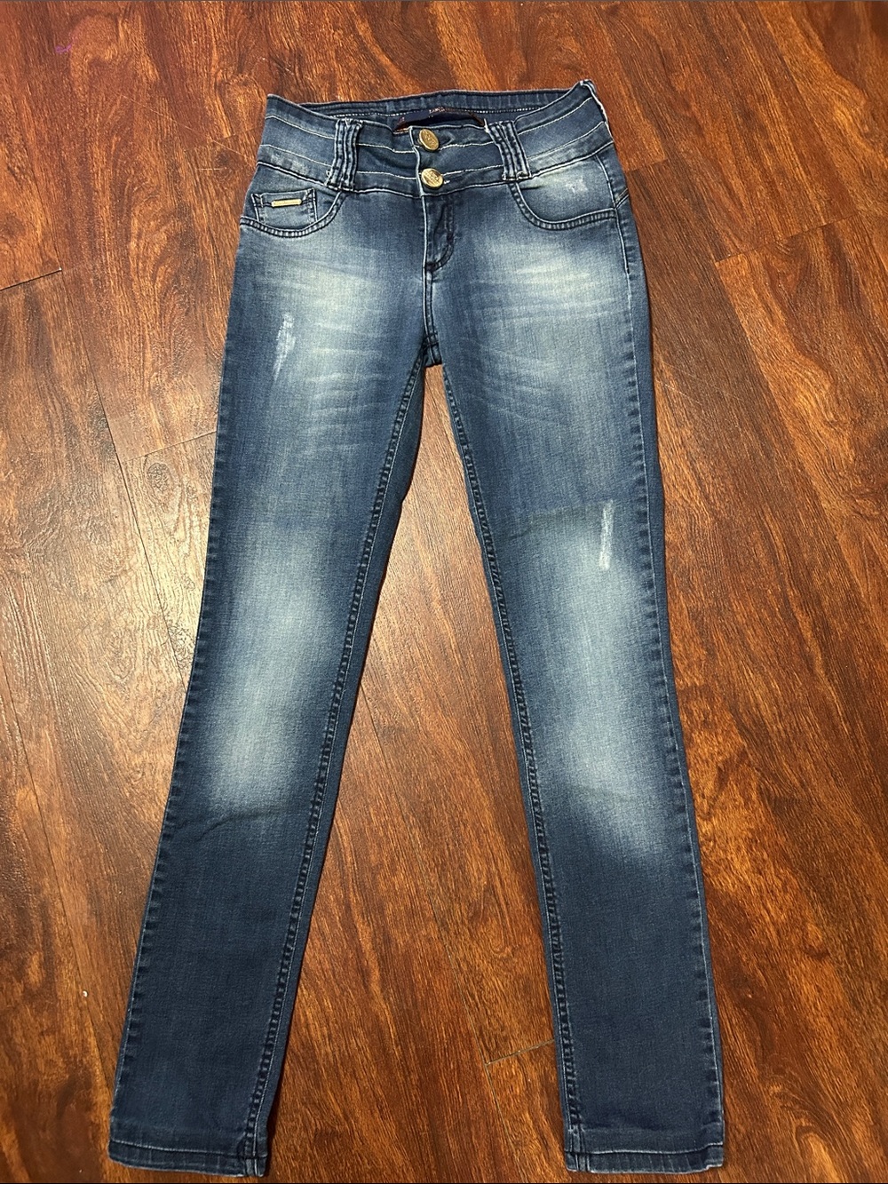 Women's Mid Wash Skinny Jeans with Double Button Waist